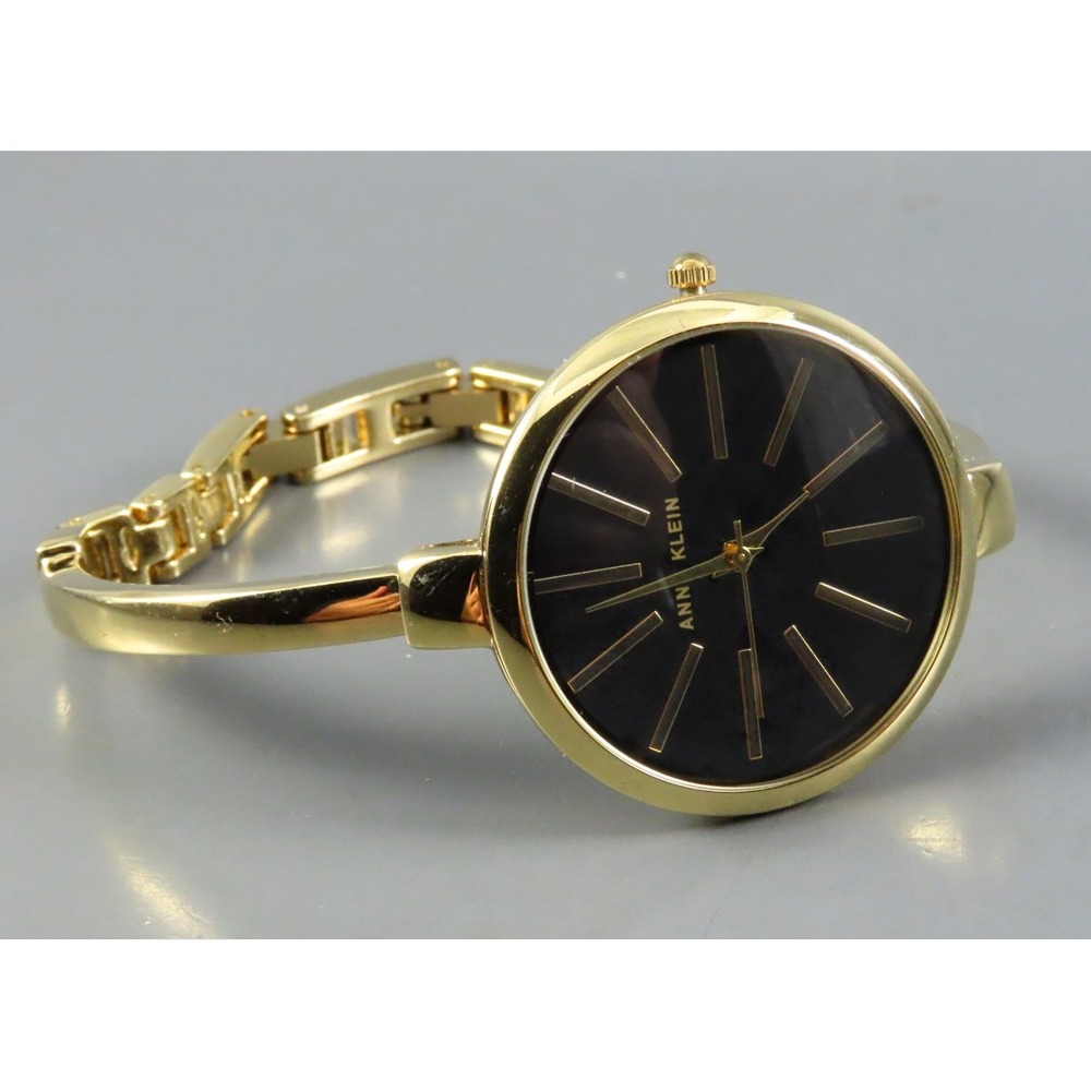 AK ANNE KLEIN Polished Gold Bangle Wrist Watch BLACK DIAL MINIMALIST Modernist